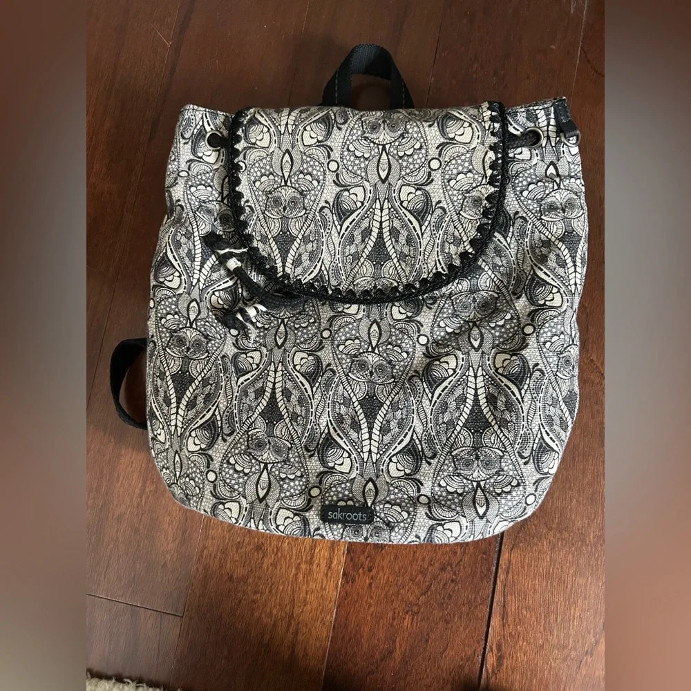 Sakroots Black and White Owl Print Boho Bohemian Whimsical Drawstring Backpack